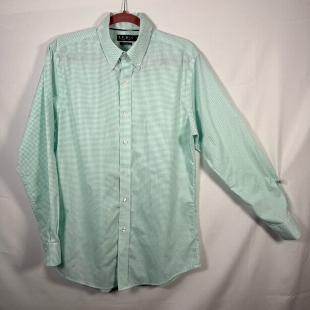 Ralph Lauren Button Down Long Sleeve Teal‎ Gingham Non Iron Dress Shirt 16 34/35